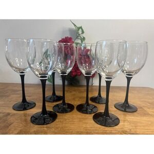 Vintage Luminarc Black Stem Wine Glass Set France Holiday Retro Barware Bar Cart